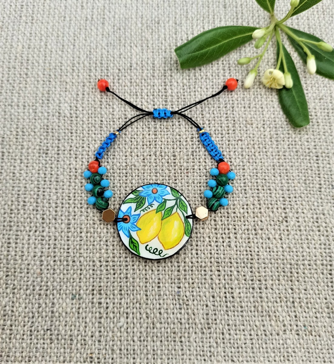 Handmade Painted Wood Resin Colorful adjustable size Bracelet fruit lemon