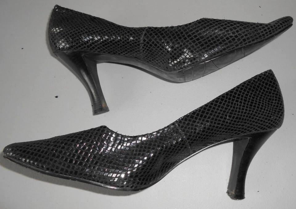 Mujer Zapatos Cuero Repujado Tacones Zapatos Negro Bajo 9.5 Med Foto 2 de 4