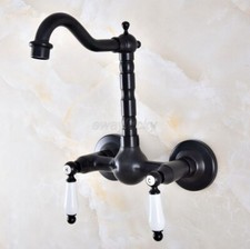 Oil Rubbed Bronze Bathroom Basin Sink Faucet Dual Handles Mixer Tap Wall Mount