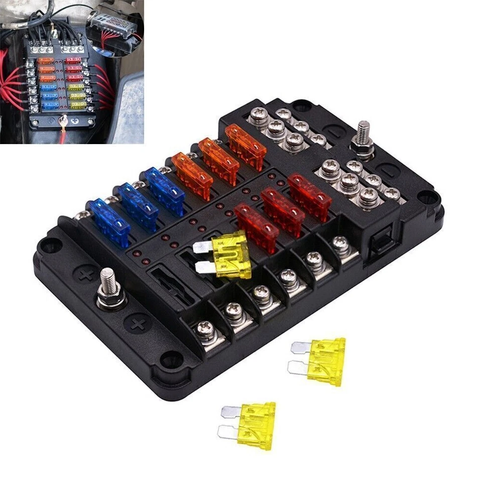 12-Way Car Fuse Box Block Holder LED Indicator 32V Waterproof for Marine Boat - Image 2 of 4