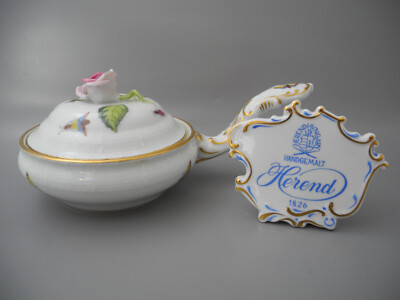 Herend Butterpfanne Rothschild Deckel Stil 738 RO Souffletopf Dose Vogel Rose