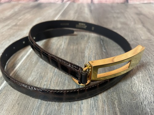 KUDOS CANADA BROWN / BLACK LEATHER SNAKE EMBOSSED BELT GOLD BUCKLE DISPLAY - Picture 2 of 12