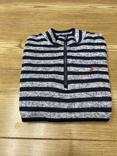 Boys Knitted Sweater Size 7 Nautical Blue Striped 1/4 Zip Loungewear Pullover - Picture 2 of 18