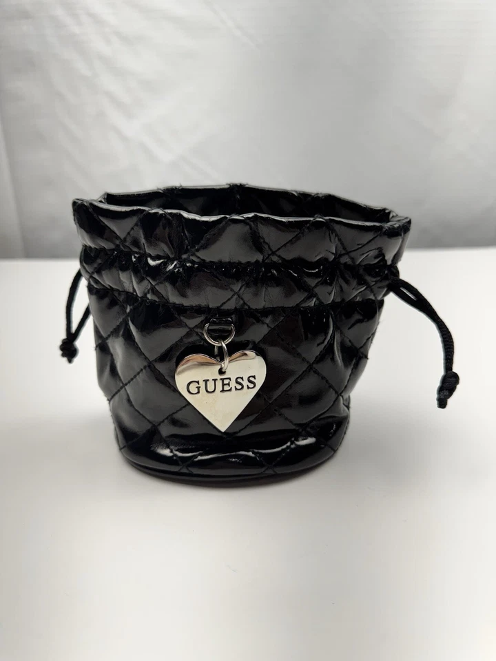 GUESS Black Quilted Patent Leather Mini Drawstring Small Storage Bag SilverHeart - Image 3 of 4