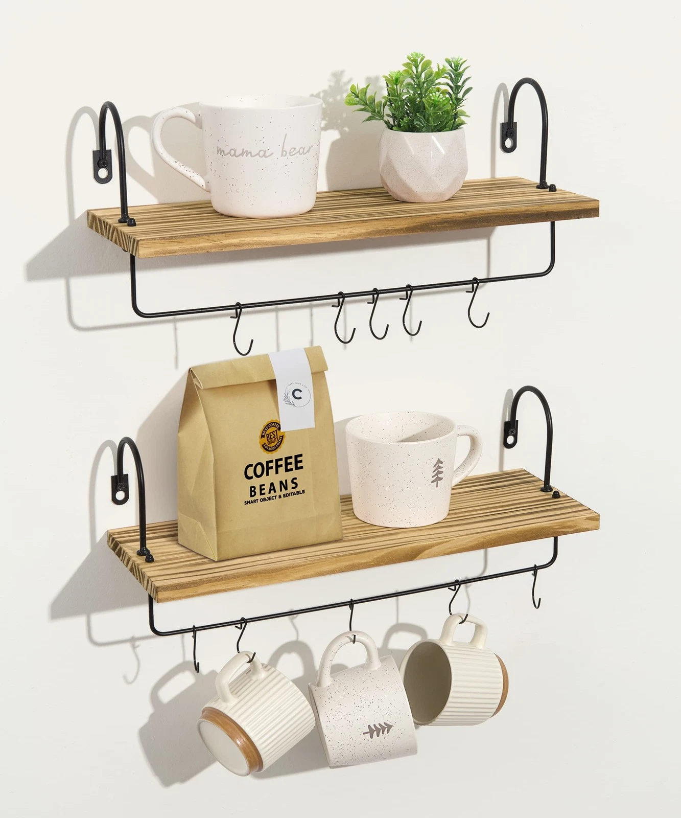 2 PCS Wooden Wall Shelf Coffee Bar Floating Towel Holder Hooks Decor Brown