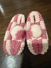 Vintage 1980s Handmade Crochet Baby Booties Pink White Striped Pom Pom