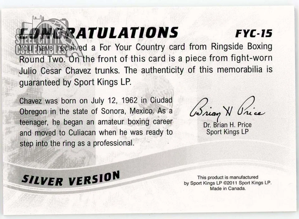 Julio Cesar Chavez 2011 ITG Ringside Silver Trunks Card #FYC-15 (Blue&Silver) - Image 2 of 2