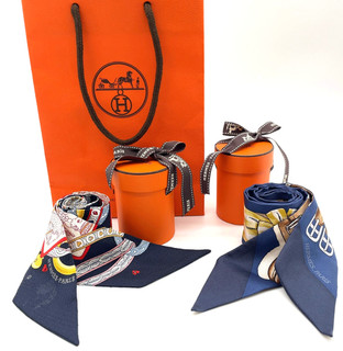Hermes Twilly Jumping /Dame de Coeur Blue x Black Silk Scarf W/Bag 2PCS i061258