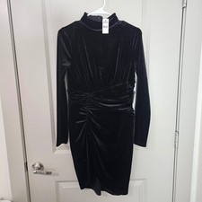 Express Womens Black Velvet Mock Neck Ruched Long Sleeve Bodycon Dress Small NWT