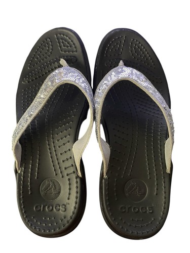 Crocs Sandals Women's Size 7 Silver Sequin Flip Flops - Picture 3 of 9