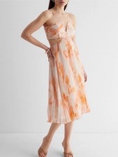 EXPRESS White Orange Watercolor PLEATED SIDE CUTOUT Midi DRESS SZ Large EUC