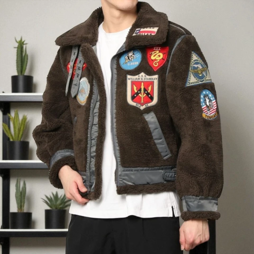 NUEVO Para Hombres Avirex Retro Chaqueta de Bombardero Imitación Piel de Oveja Vuelo Militar Abrigo Chaleco Foto 3 de 4