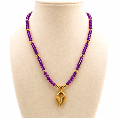Purple Round Glass Beaded Necklace Ball Chain Gold-Tone Leaf Charm Pendant