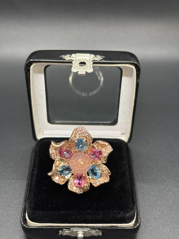Rose Quartz & Pink/Blue Topaz Ring 925 Silver Gold Plated w/ 84 Zircons - Image 3 of 4