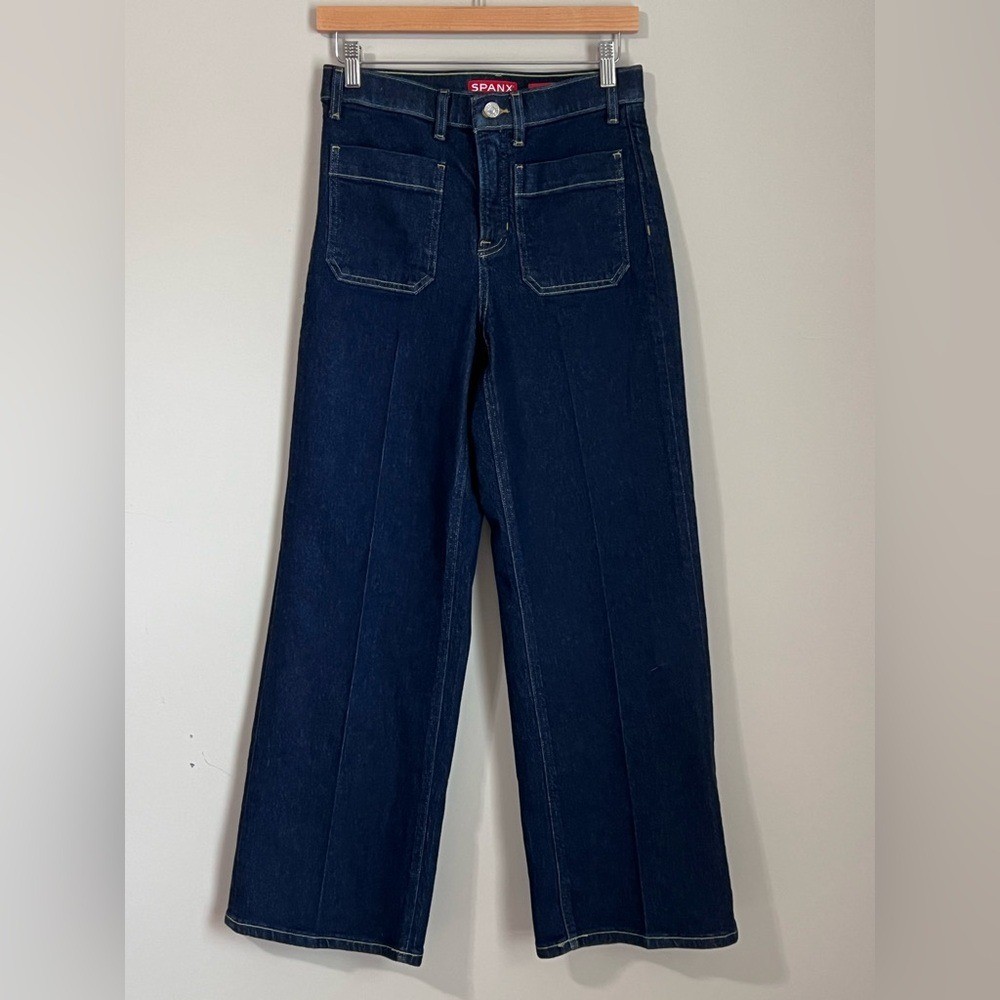 SPANX Wide Leg Jeans Patch Pockets Small Petite Indigo Dark Wash 30