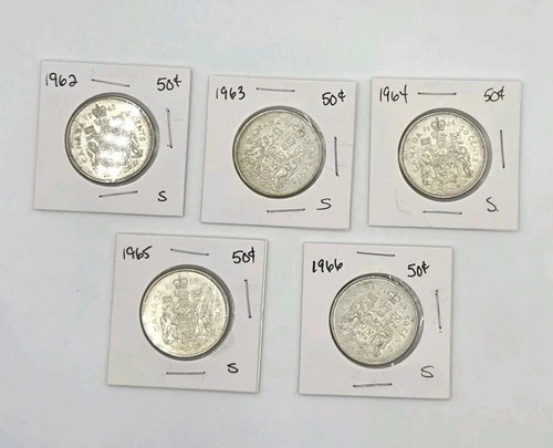 1962-1966 Canada Silver 50 Cent Coins Lot (5) – Queen Elizabeth II Half Dollars
