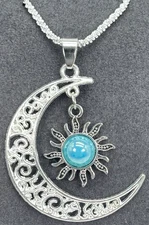 Necklace Silver Tone Crescent Moon w/Blue Stone Sun Charm on 18" Mesh Chain
