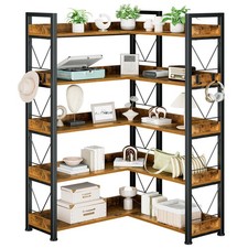65 inch L Shaped Bookshelf, 5 Tier Corner Bookcase with Hooks and Edge, Indus...