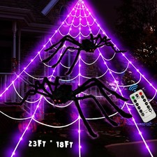 23Ft Giant Spider Web Halloween Decorations Outdoor Lights,180 Purple LED Lig...