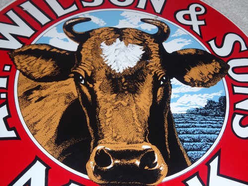 VINTAGE A. T. WILSON & SONS MILK DAIRY COW 11 3/4" PORCELAIN METAL GASOLINE SIGN