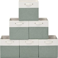 6 Pack White Green Fabric Cube Storage Bins 13x13 Inch with Handles for Shelves