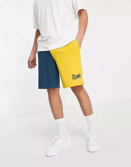 Pantalones cortos de patín para hombre Puma 8" de ajuste relajado colorblock - azul/amarillo 532871, M
