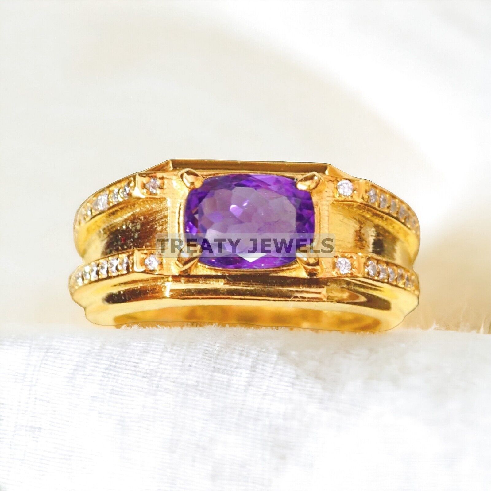 Amethyst Oval Cut With 925 Sterling Silver Gold Plated Ring For Men's #A124 *