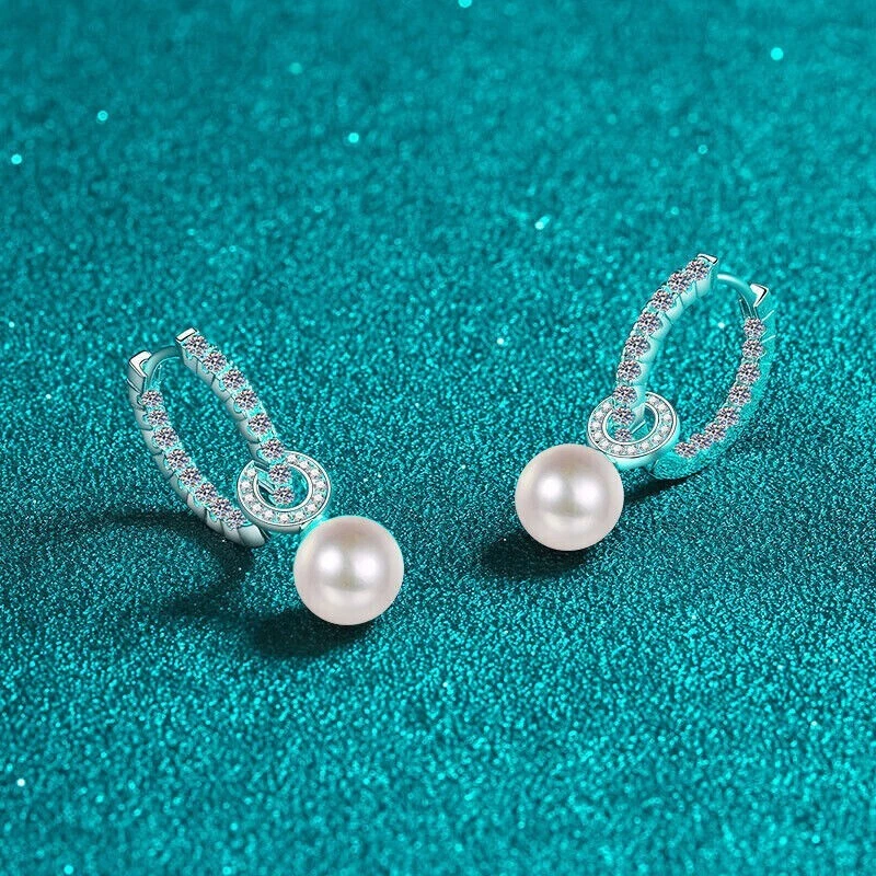 2.70 Ct Round Pearl and Real Moissanite Hook Drop Earrings 14K White Gold Plated - Image 3 of 4