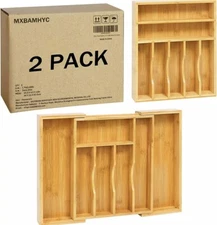 Mxbamhyc 2 Pack Silverware Organizer for Drawer,Bamboo Expandable Kitchen Flatwa