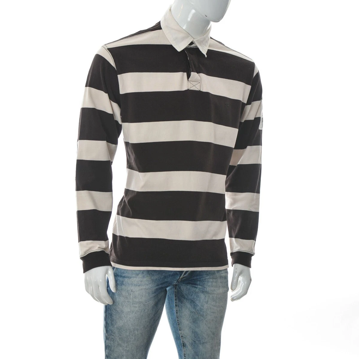 Active West East Mens Polo Long Sleeve Brown/White Stripe XL |