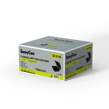 Sunnycare Clamshell MFPP Hinged Container Disposable 8X8, 1 COMPT, Black, 150ct