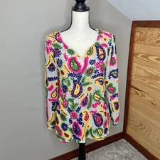 Sweet Sinammon Multicolor Floral Paisley Yarn Embroidered Blouse Top Small