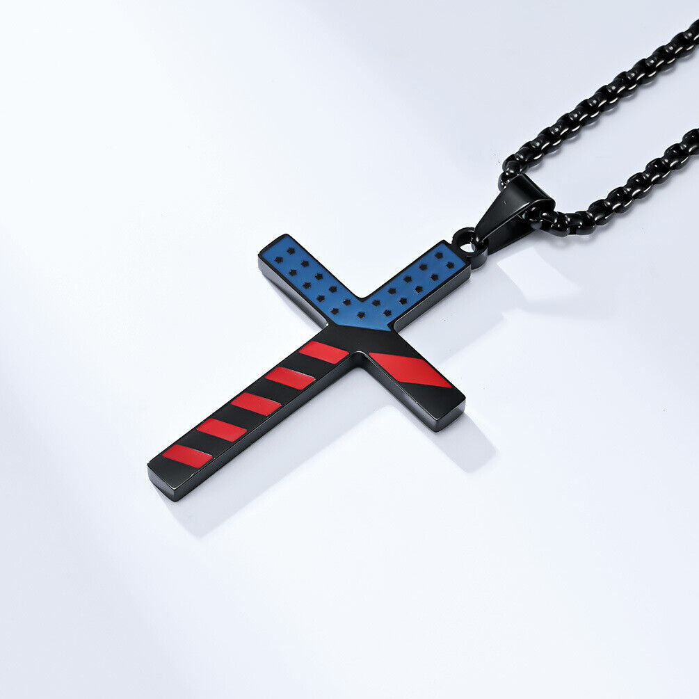Men Women American Flag Cross Necklace Stainless Steel Philippians Pendant Chain