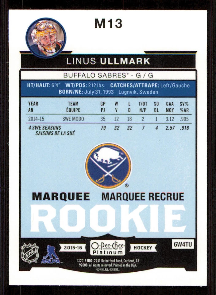 2015-16 O-Pee-Chee Platinum Marquee Rookies #M13 Linus Ullmark - Image 2 of 2