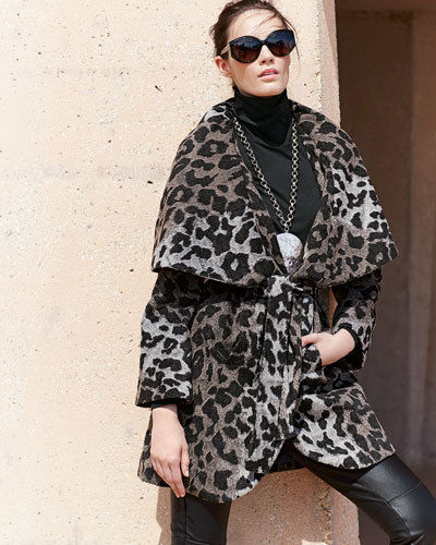 BNWT Tahari Marla Leopard Wrap Wool Oversized Coat Jacket Shawl Collar XS - Picture 1 of 5