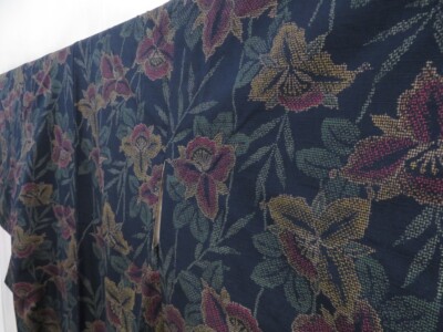 4824T05z800 Vintage Japanese Kimono Silk TSUMUGI Flower Dark navy