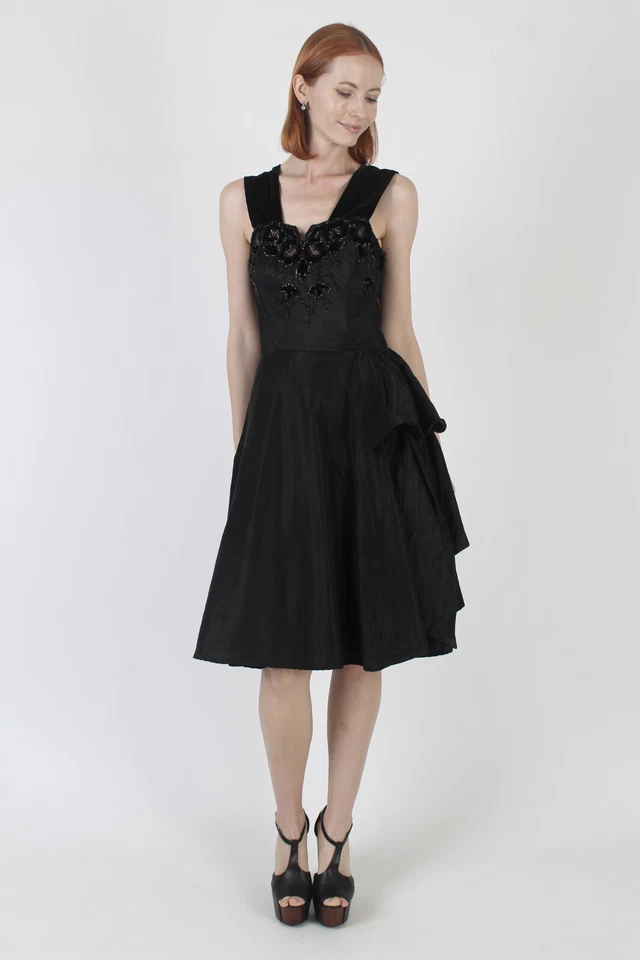 Vestido liso vintage Art Deco años 40 satinado gótico con cuentas noche fiesta terciopelo cremallera lateral Foto 3 de 4