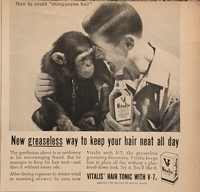 1956 Vitalis Hair Tonic V7 PRINT AD Chimpanzee Greaseless Keep