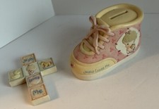 2 Precious Moments Jesus Loves Me Pink Girl Shoe Bank and Cross