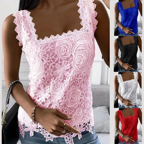 Womens Lace Square Neck Tank Top Vest Ladies Summer Sleeveless Casual T Shirt