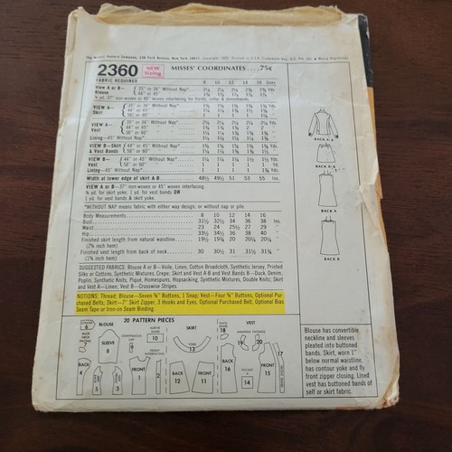 1970's McCalls 2360 Womens Sewing Pattern Misses Coordinates Size 14 Bust 36 - Picture 3 of 6