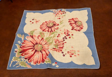 Vintage Red Pink Daisy Flowers Bouquet Handkerchief Hankie 13" Cottagecore