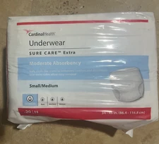 Cardinal Health Underwear Sure Care Extra Moderate Absorbency S/M 34-46" (20)