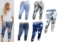 Women's Italian Denim Floral Plain Lounge Pants Jogging Bottoms Size 4-18
