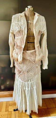 Rare vtg Issey Miyake origami dress 2pc beige ombre,cotton & lace,pleats M/L - 第 11/18 張圖片