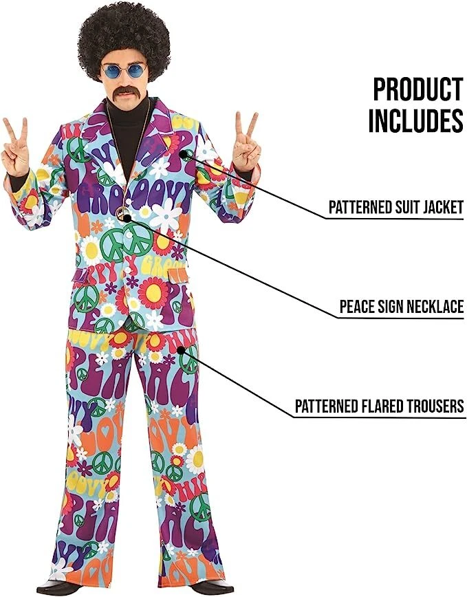 Mens 70s Hippie Peace Suit Costume Necklace M L XL Adult Groovy Man Halloween - Image 3 of 4
