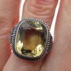 925 Sterling Silver Vintage Real Checkered Citrine Gem Oxidized Ring Size 2.5