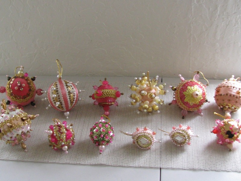 12 Vintage Hand Made Pink Beaded Sequin Push Pin Ball Christmas Ornaments Lot