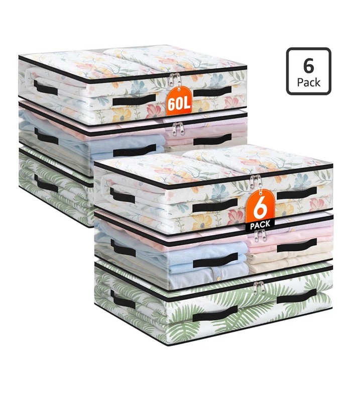 6 Pack Under Bed Storage Bags, 60L Foldable Clear Storage Containers with Hand