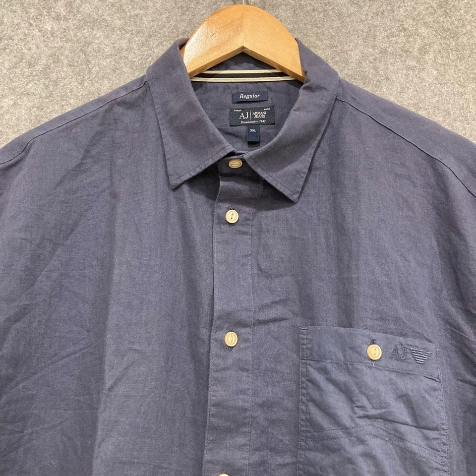 Armani Jeans Mens Shirt Size 3XL Slim Fit Blue Linen Blend Button Short Sleeve - Image 3 of 4